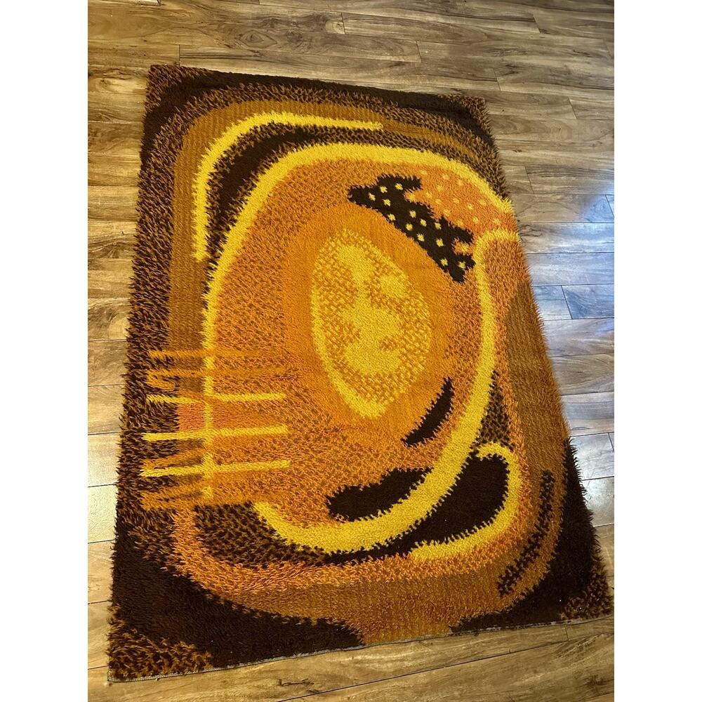 Vintage 1960 70 EGE RYA SHAG CARPET MID MODERN Danish Handmade Puppy Orb Orange
